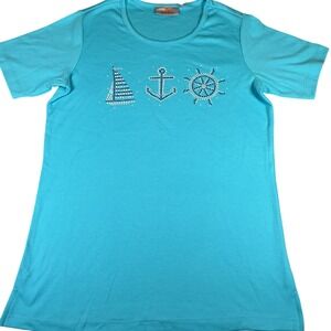 Quacker Factory Nautical Rhinestone T‎ Shirt Aqua Blue Cotton Blend Med